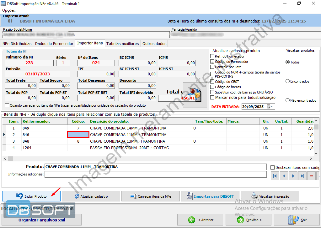 Exemplo (meramente ilustrativo) de onde clicar para cadastrar novo item em seu estoque direto pelo importador. Botão "Incluir Produto" localizado no canto inferior esquerdo.
