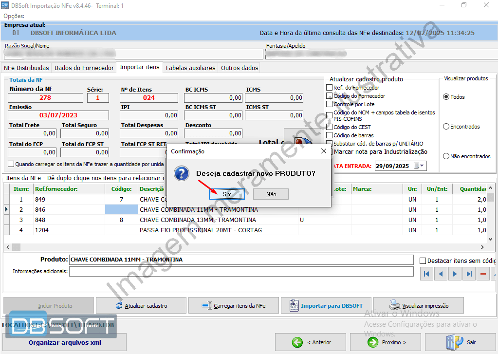 Janela de confirmação de cadastro do produto.