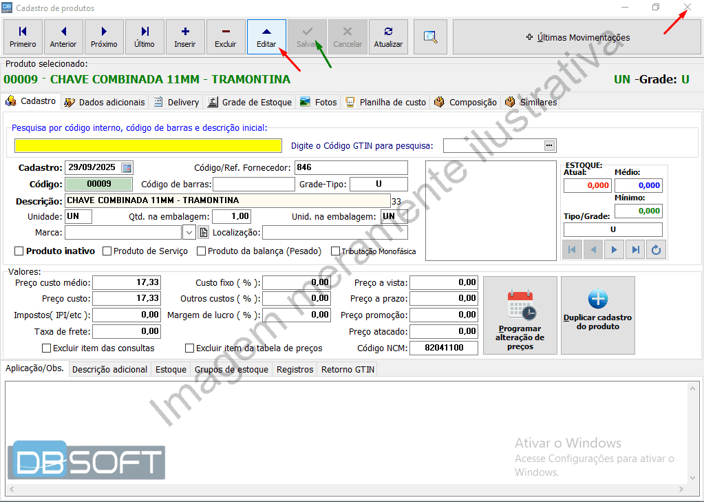 Tela de cadastro de produtos com dados iniciais do novo produto já inseridos.
