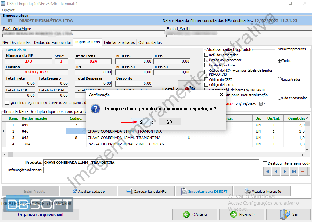 Janela de confirmação para incluir novo produto na nota.