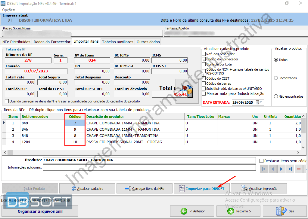 Foco na coluna "Código" da tabela de itens da nota e mostrando botão "Importar para DBSOFT" na parte inferior central da tela.
