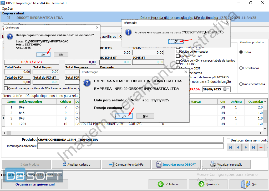 Alguns janelas que podem aparecer na tela para confirmar informações da importação.
