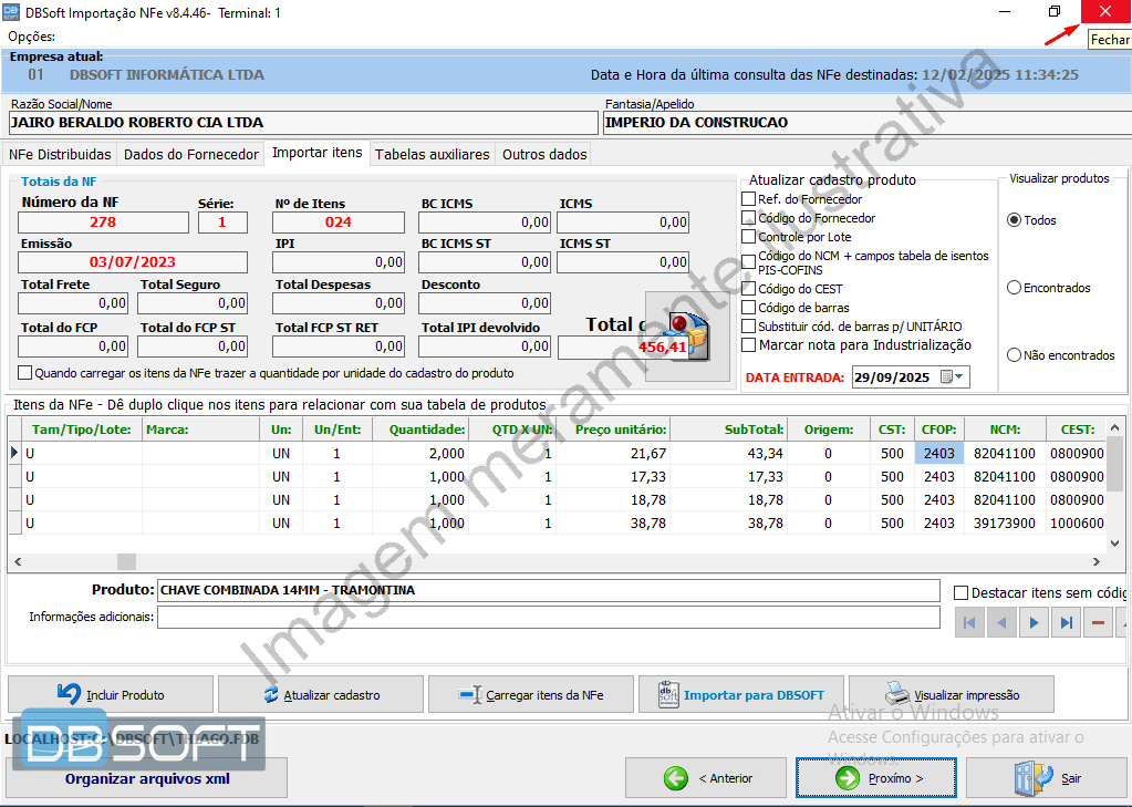 Tela do importador, sem muitas alterações. A nota fiscal já foi importada com sucesso.