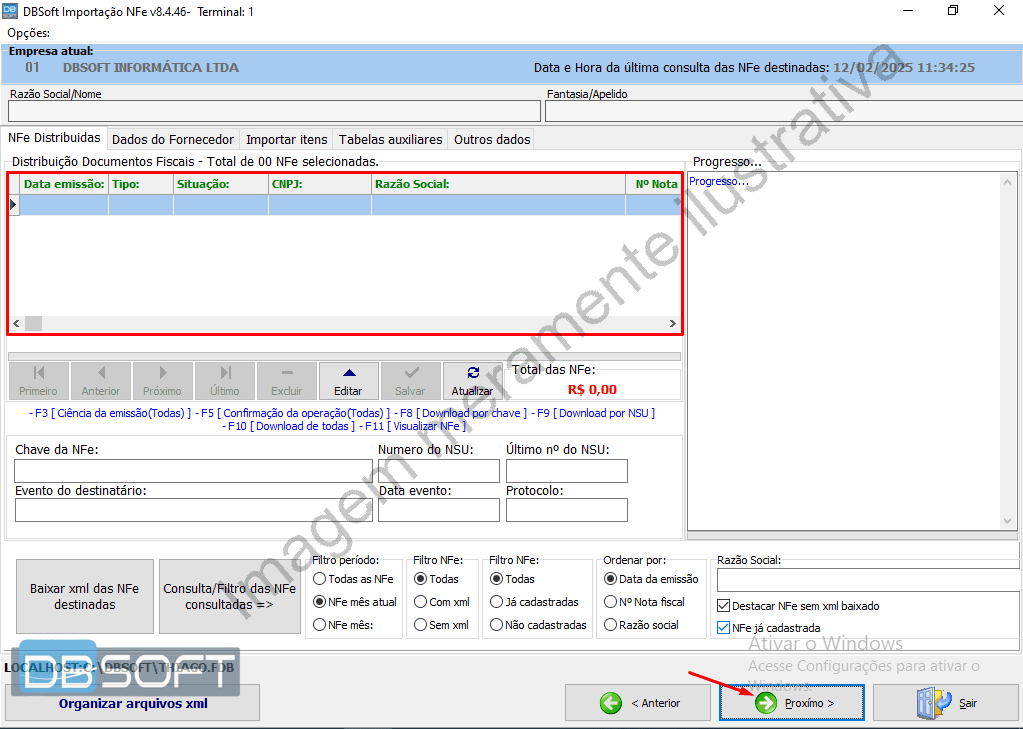 Primeira tela do importador de notas fiscais. Destaque na tabela de notas de entrada recebidas.