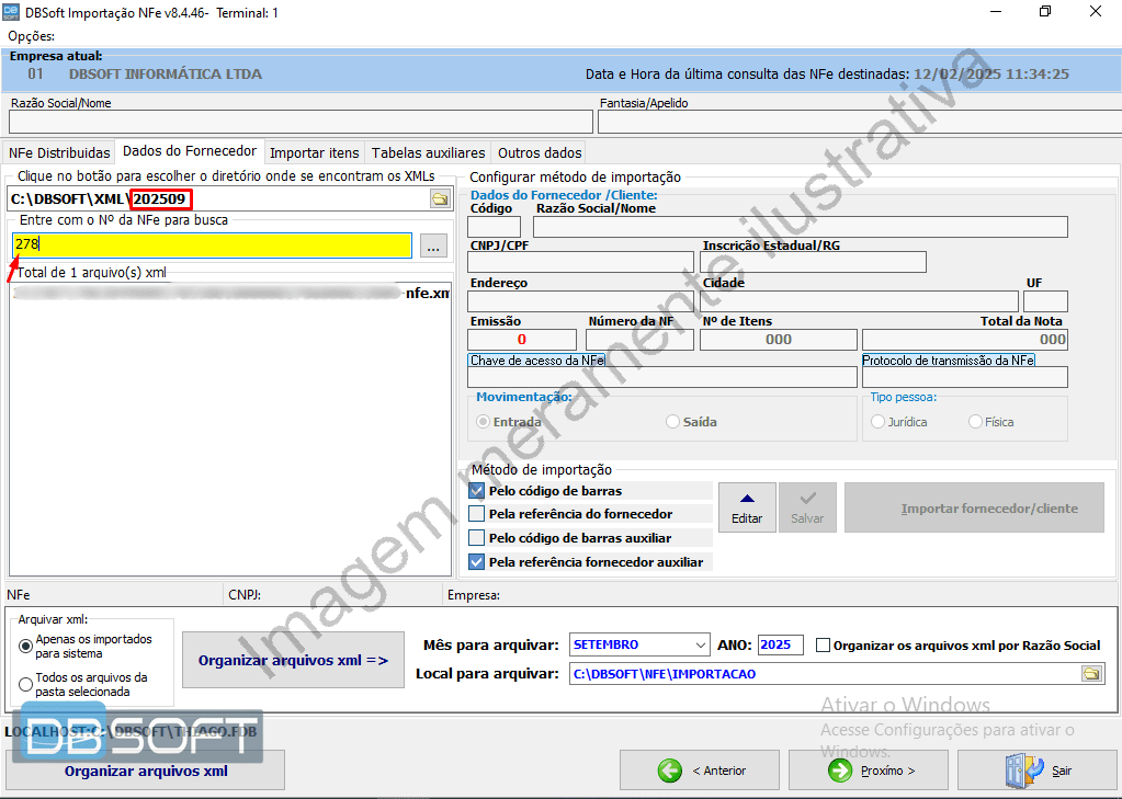 Segunda tela do importador de NFe. Mostrando o campo de diretório com a pasta do mês de emissão destacada e o campo para digitar o número da nota fiscal. Campo se localiza no canto superior esquerdo da tela.
