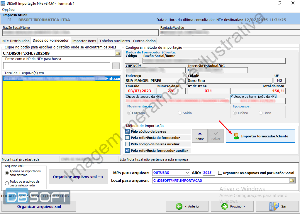 Tela do importador de NFe mostrando dados da nota. O botão 'Importar fornecedor/cliente' está habilitado. Este botão se localiza no canto inferior direito.