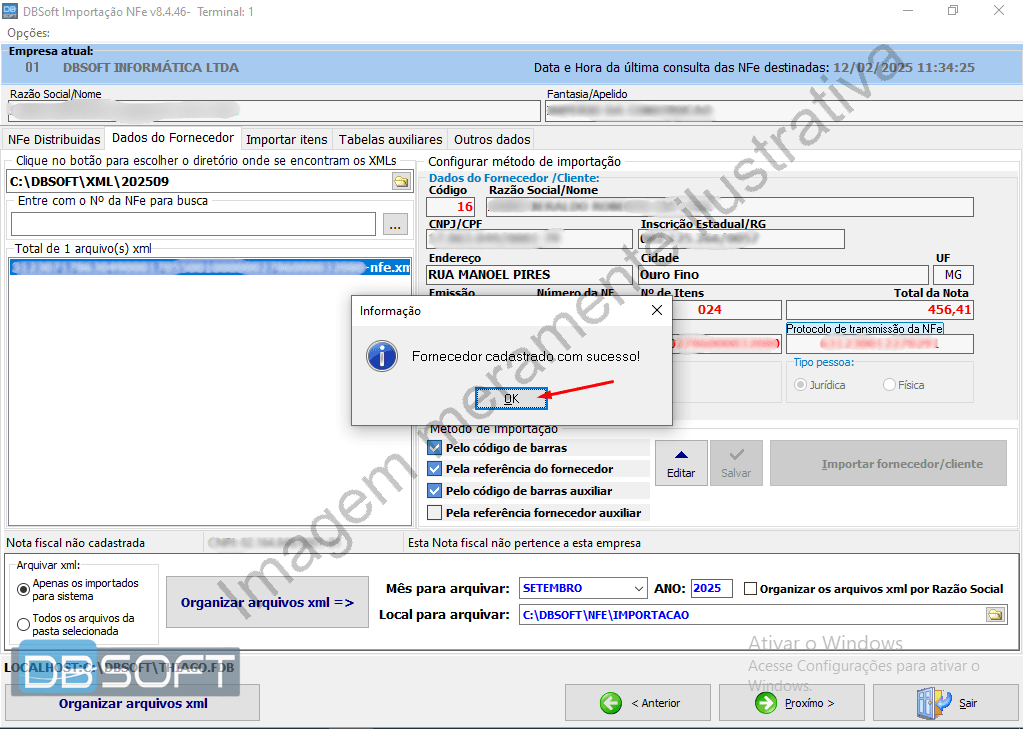 Janela de alertar que a importação deu foi bem sucedida.