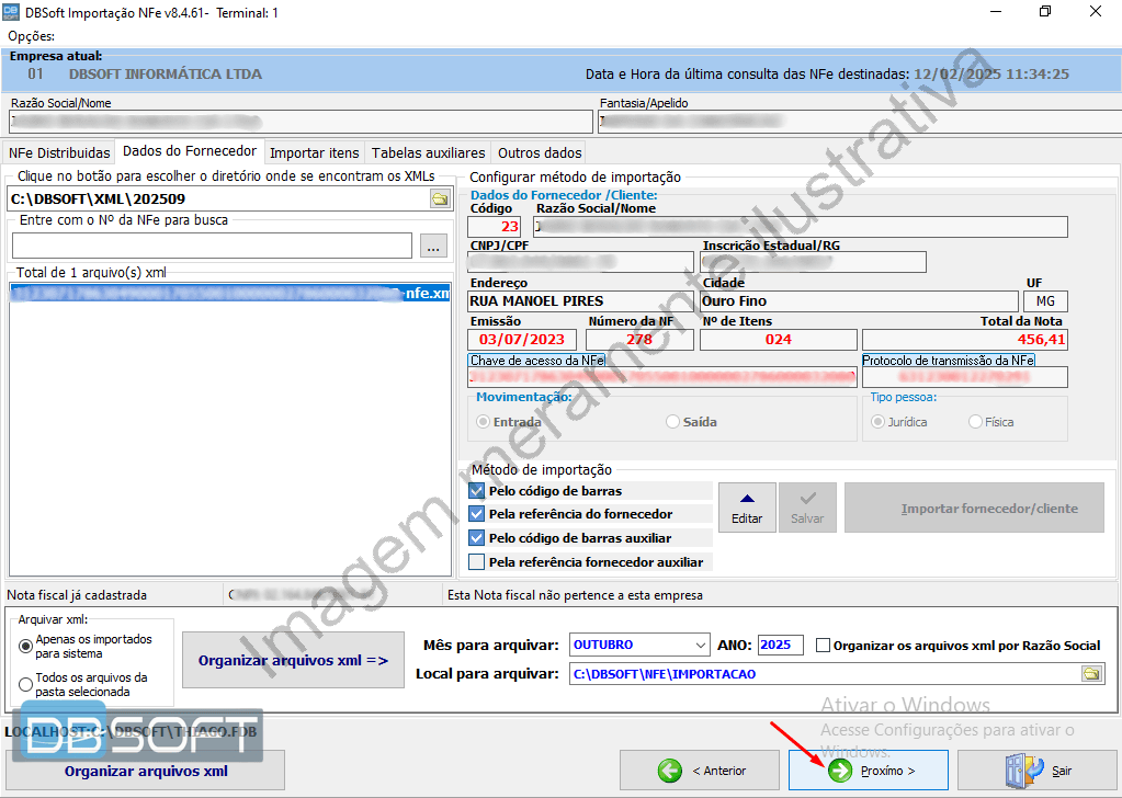 Segunda tela do importador. Mostrando o botão "Próximo", localizado no canto inferior direito.