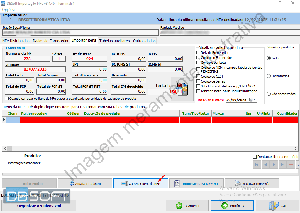 Terceira tela do importador. Mostrando o botão "Carregar itens da NFe", localizado na parte inferior central da tela.