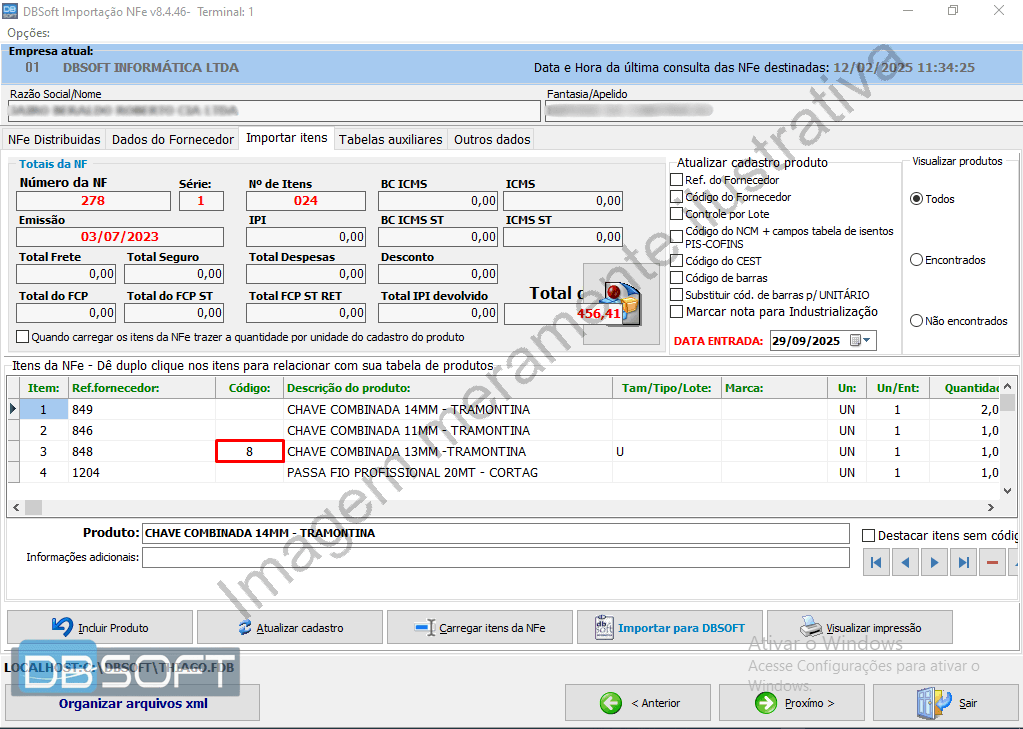 Terceira tela do importador. Coluna "Código" localizada na tabela de itens da nota.