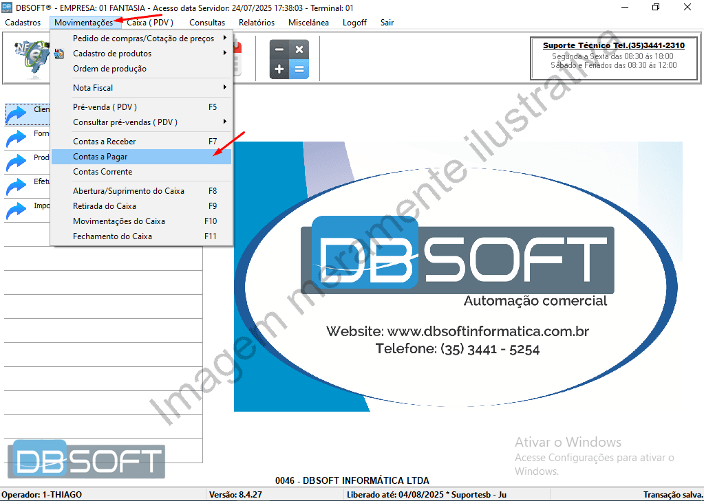 Acessando o menu "Movimentações", localizado no topo da tela, selecione a opção "Contas a pagar".