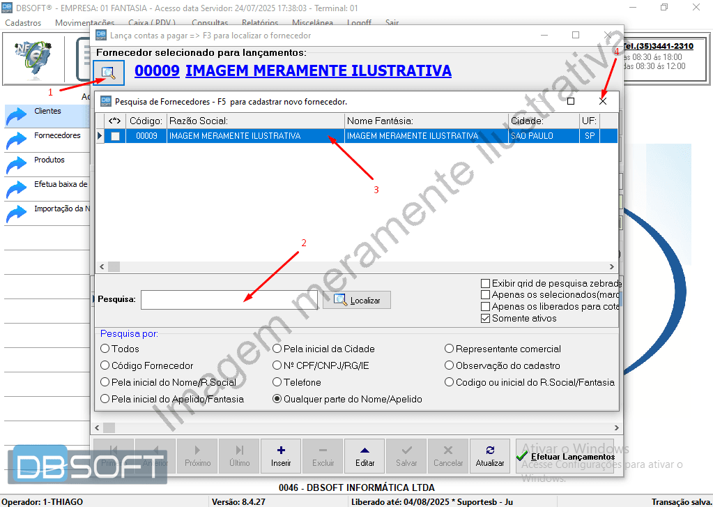 Janela de busca de fornecedores no DBSoft, com destaque para: (1) o botão de lupa, que abre esta janela; (2) o campo "Pesquisa", com filtros adicionais abaixo e botão "Localizar" ao lado; (3) a seleção do fornecedor na lista de resultados da pesquisa; (4) e o botão para fechar a janela, localizado no canto superior direito, após selecionar o fornecedor.