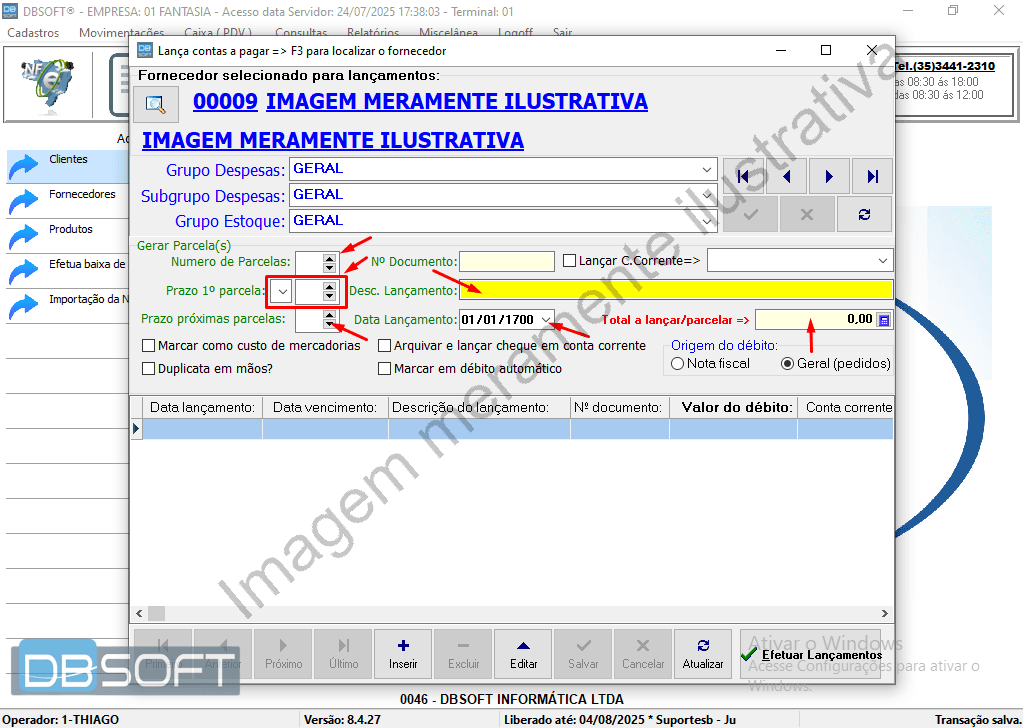 Tela de lançamento de contas a pagar com destaque para os campos essenciais: número de parcelas, prazos, data, descrição e valor total do lançamento.