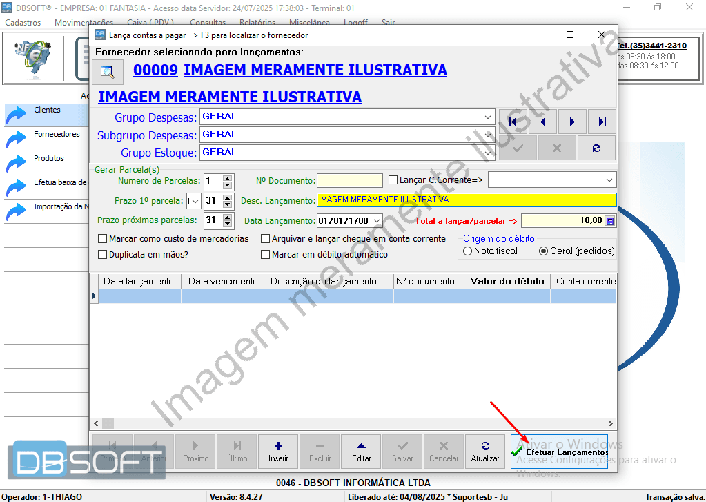 Botão "Efetuar Lançamentos" localizado no canto inferior direito da tela de contas a pagar, utilizado para registrar o lançamento no sistema.