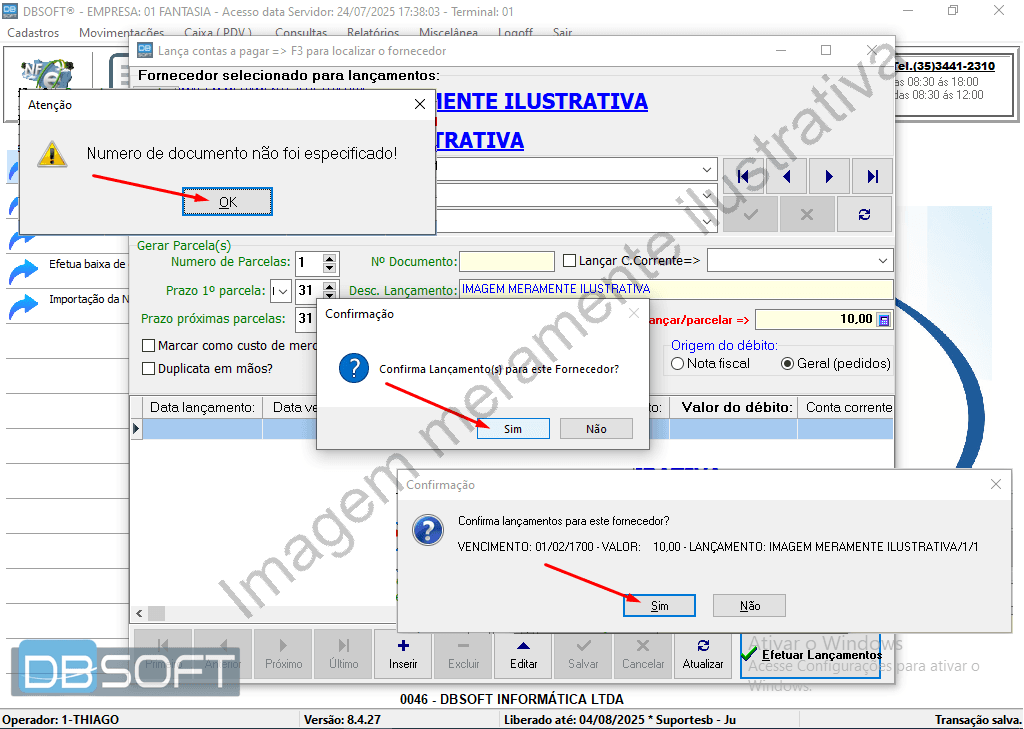 Sequência de janelas de confirmação do DBSoft exibidas após clicar em "Efetuar Lançamentos", incluindo aviso sobre número de documento não obrigatório.