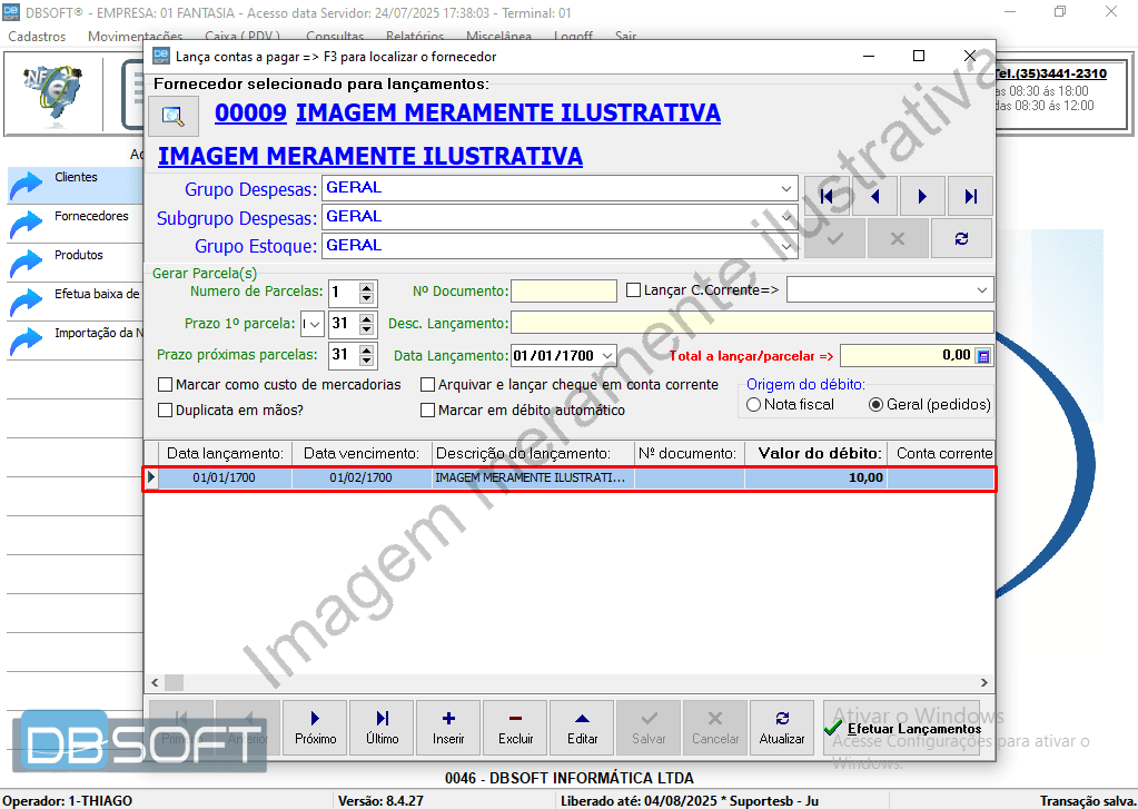 Tabela de contas a pagar do DBSoft, com a nova conta lançada já aparecendo entre os registros, destacada visualmente na listagem.