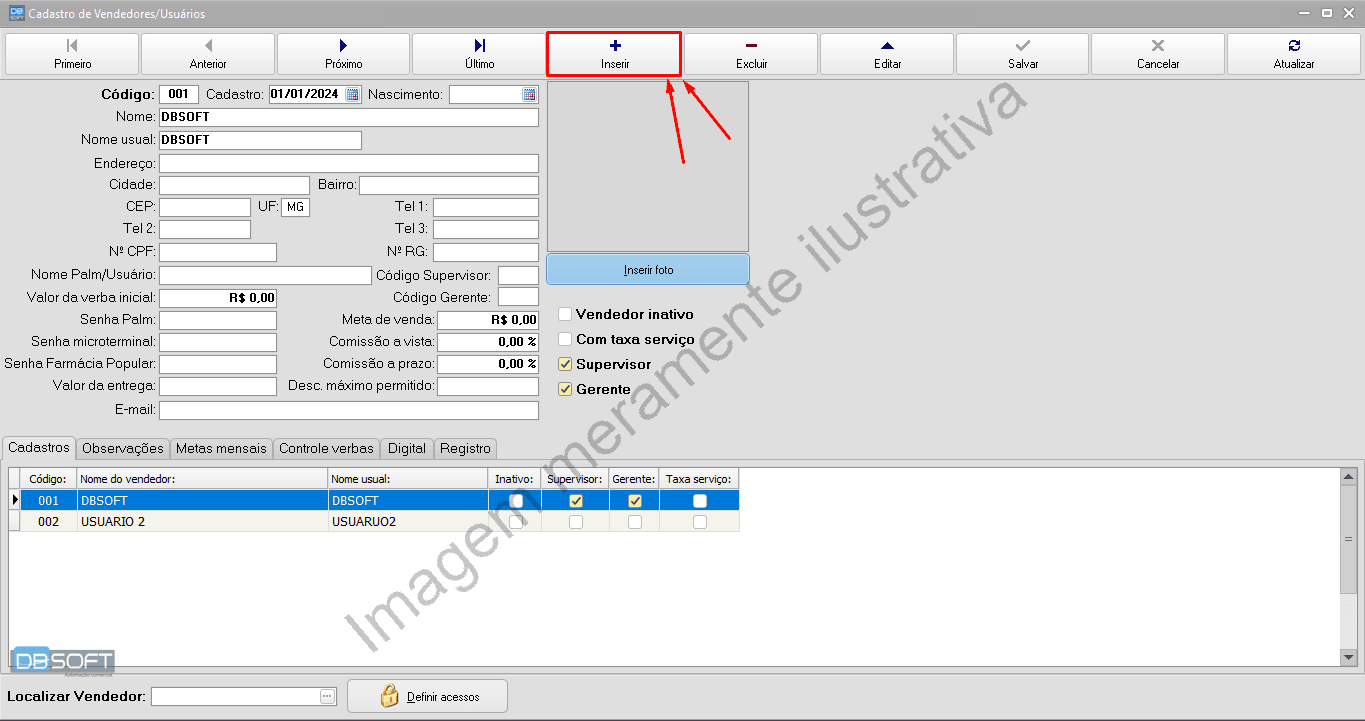 Botão "Inserir" fica localizado no menu superior da tela de cadastro de vendedores.