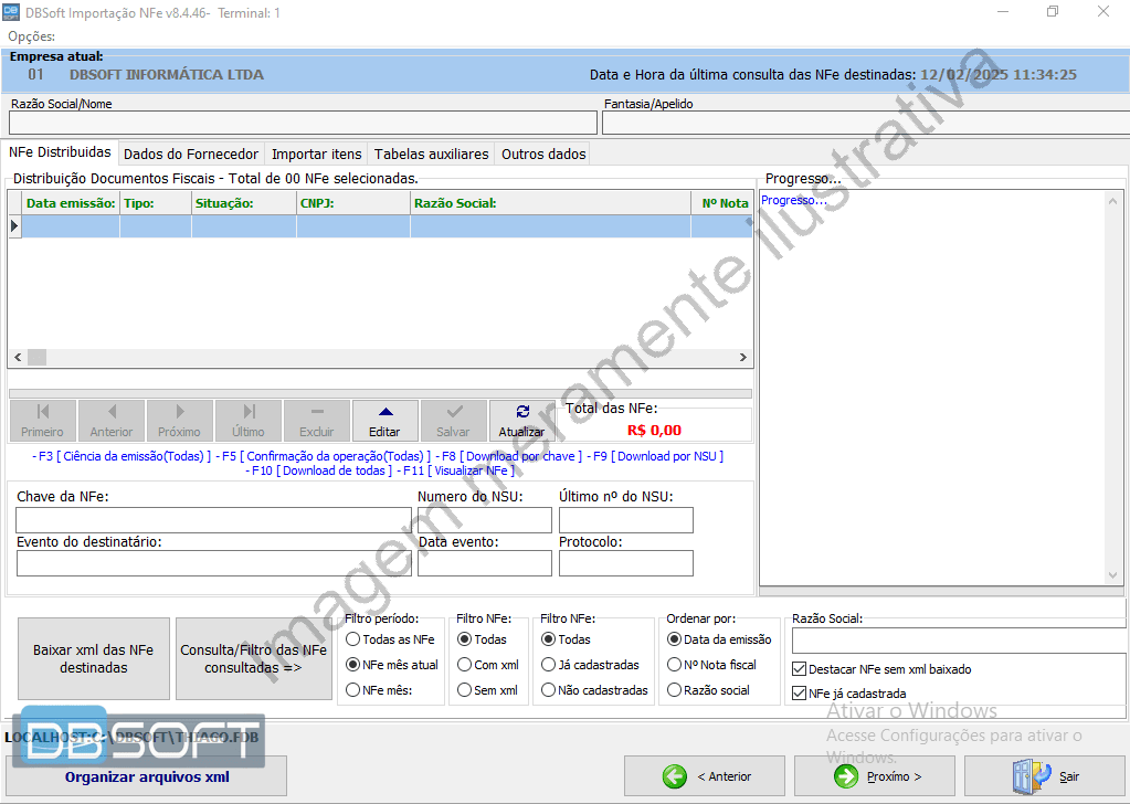 Primeira tela do importador de notas fiscais.