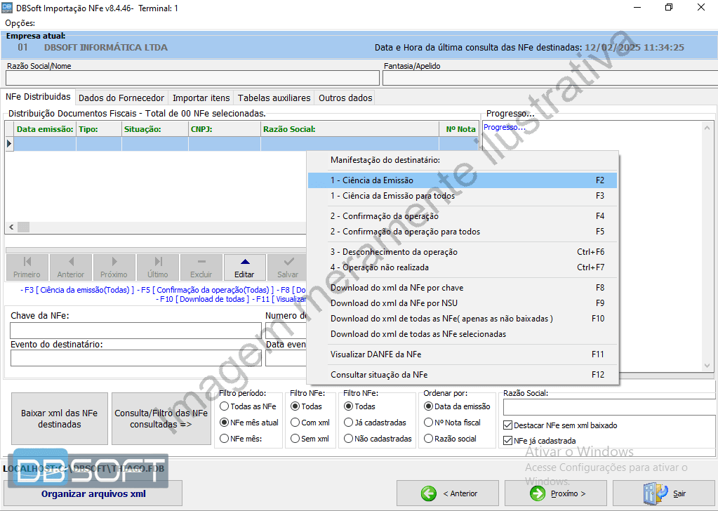 Opção "Ciência da emissão" ao clicar com o botão direito do mouse sobre a nota selecionada.
