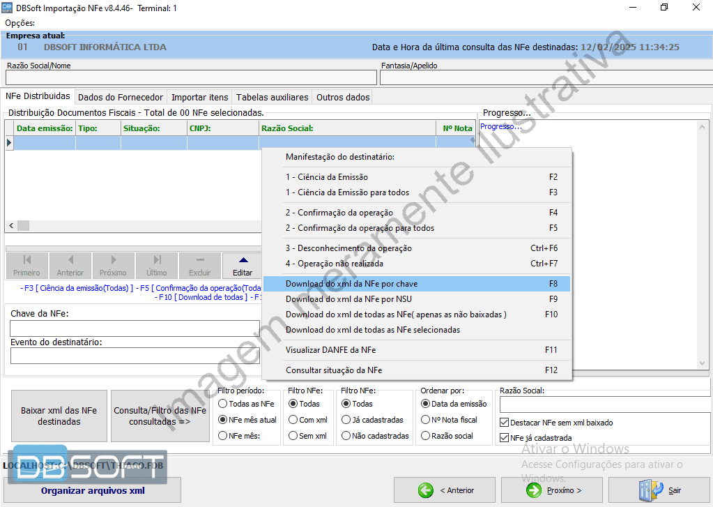 Opção "Download do xml da nfe por chave" ao clicar com o botão direito do mouse sobre a nota selecionada.